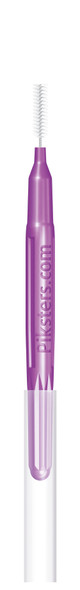 Piksters Purple Size 1 Fine Interdental Brushes – 40 pack showing ultra-thin soft bristles attached to slim flexible wire and ergonomic handles, designed for precise cleaning of extra-narrow spaces between teeth, braces, and dental appliances. Detailed view of a single purple piksters size 1 purple interdental brush