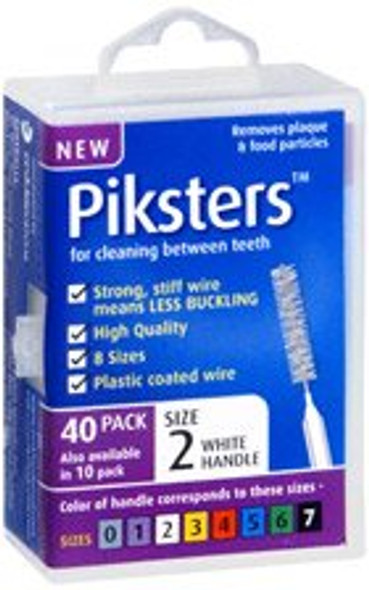 Piksters White Size 2 Interdental Brushes 40 pack, fine 0.6mm dental brushes with ergonomic handles, displayed in original packaging for effective plaque removal and oral care view of package