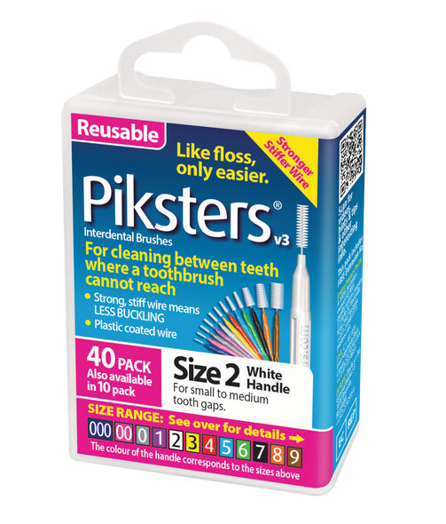 Piksters White Size 2 Interdental Brushes, 40-pack, fine 0.6mm dental brushes with ergonomic handles, displayed in original packaging for effective plaque removal and oral care. View of the package