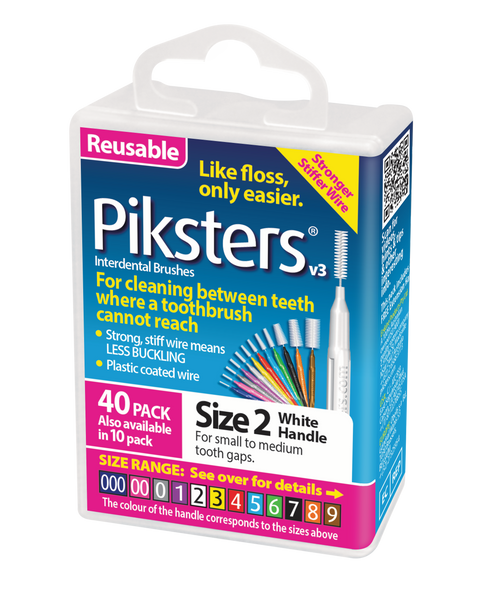 Piksters White Size 2 Interdental Brushes, 40-pack, fine 0.6mm dental brushes with ergonomic handles, displayed in original packaging for effective plaque removal and oral care. View of the package