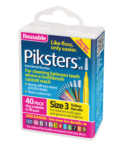 Piksters Yellow Size 3 interdental brushes in a 40-pack, featuring medium-sized antibacterial bristles with flexible wire and ergonomic handles for effective cleaning of wider gaps between teeth. Photo of the box of piksters