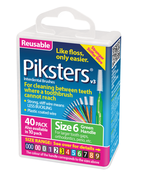Piksters Green Size 6 Interdental Brushes, 40 Pack, showing green-handled brushes with medium- to large-sized brush heads, arranged next to resealable packaging, designed for cleaning larger gaps between teeth, braces, and implants.
