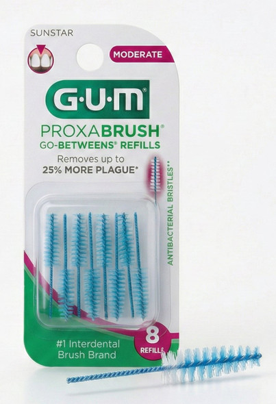 GUM Go-Betweens Proxabrush Moderate Refills #612 - Tapered - 8 Pack view of the front of the package and a single moderate proxabrush refill brush