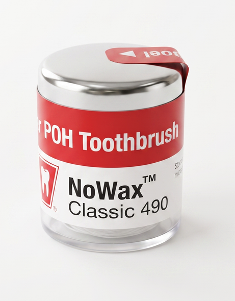 POH Classic Super Thin White 490 NoWax Dental Floss - 100 Yards | Multi-Filament Nylon | Efficient Plaque Removal | Made in the USA | Dentist Recommended for 50+ Years | Moon-Tested Quality | Bass Method Compatible | view of the floss container