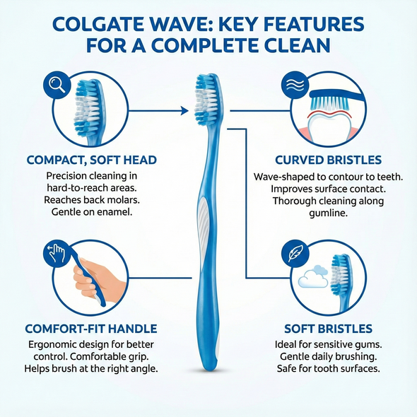 Colgate Wave Compact Head Soft Toothbrush, Soft Bristles Manual Toothbrush for Gentle Plaque Removal, Curved Compact Head for Hard-to-Reach. Infographic of the toothbrush features