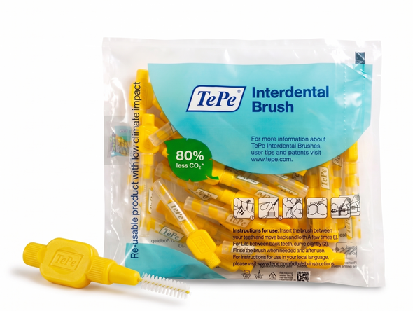TePe Regular 0.7 mm Yellow Interdental Brushes view of 25 pack with a single brush in the foreground