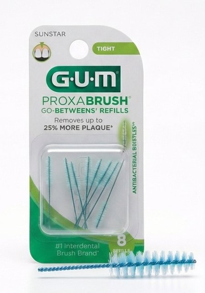 GUM Go-Betweens Proxabrush Tight Refills #414 - 8 Pack view of front of pack and a single 414 proxabrush refill brush