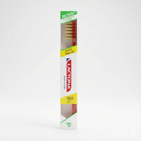 Lactona 18 Natural Medium 3-Row Toothbrush view of toothbrush in lactona box