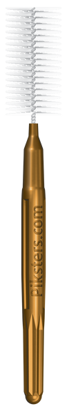 Piksters Gold Size 9 Interdental Brushes showing a gold-handled brush with extra-extra-large brush heads arranged next to compact resealable packaging, designed for cleaning the widest gaps between teeth, implants, braces, and bridges.
