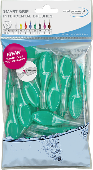 Oral Prevent Soft Smart Grip Brushes - 0.8mm Green - 24 Brushes Bulk Pack