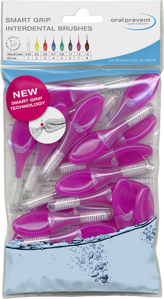 Close-up of Oral Prevent Soft Smart Grip Interdental Brushes, 1.3mm Purple, pack of 24, showing ergonomic handles and hygienic protective caps arranged neatly on a white background view of package
