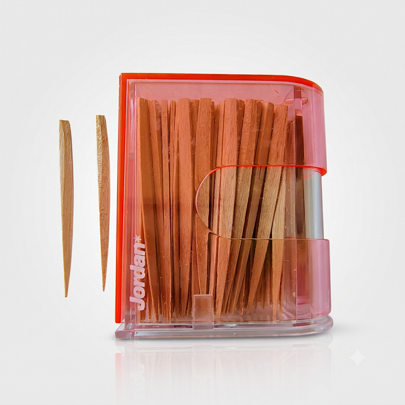 Jordan Dental Wooden Sticks Table Pack - 125 Unflavored Sticks - Regular Size in Plastic Container - Made in Norway view of container and two dental sticks next to it