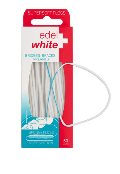 Edel+White Supersoft Bridge and Implant Floss  front view of box and sample floss strand