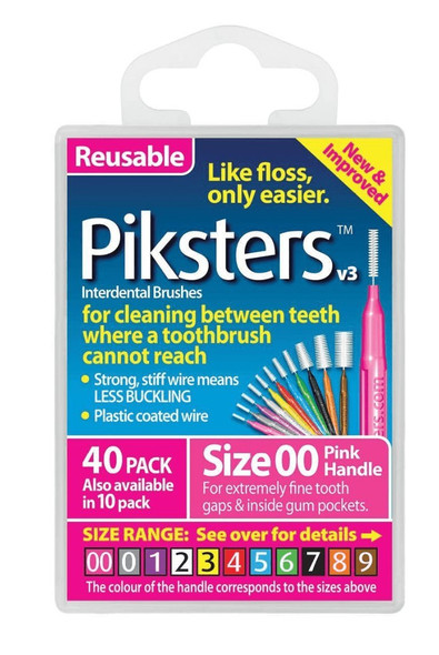 Piksters Pink Size 00 XXFine Interdental Brushes – 40 pack showing ultra-thin soft bristles attached to slim flexible wire and ergonomic handles, designed for precise cleaning of extra-narrow spaces between teeth, braces, and dental appliances. View of the package