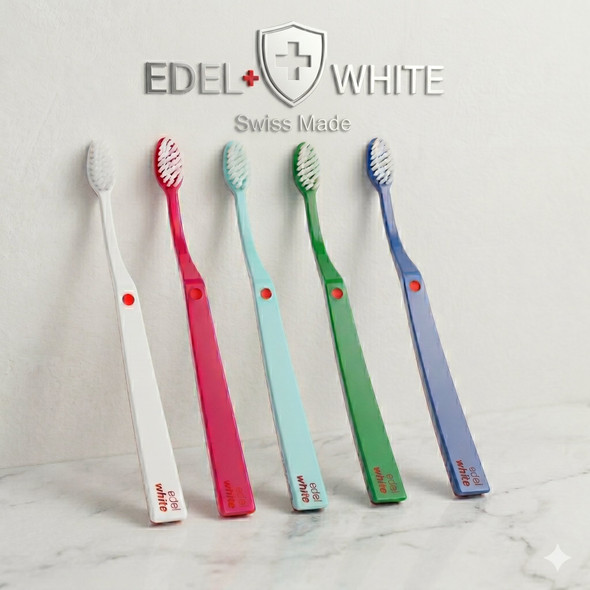 Edel+White Swiss Made Flosser ULTRA-SOFT DUO Toothbrush - 2 Pack  view of colors of toothbrushes view of 6 toothbrushes