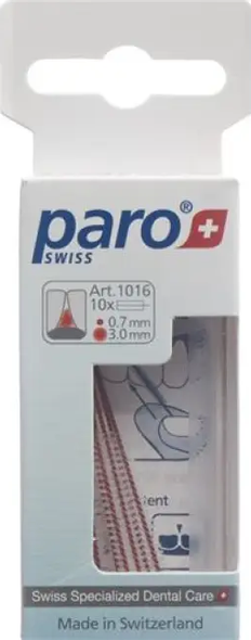 Paro Isola Long 3mm x-fine red cylindrical interdental brushes - ART 1016 - 10 Brushes - Swiss Made - front view of box