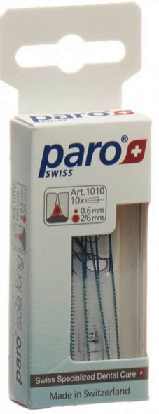 Paro Isola Long 2/6mm x-fine blue conical interdental brushes - ART 1010- 10 Brushes - Swiss Made - side view of box