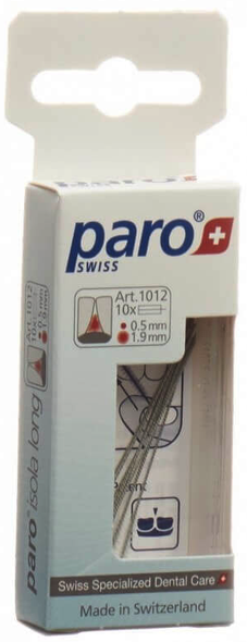 Paro Isola Long 1.9mm xxx-fine White Cylindrical interdental brushes - ART 1012 - 10 Brushes - Swiss Made side view of box