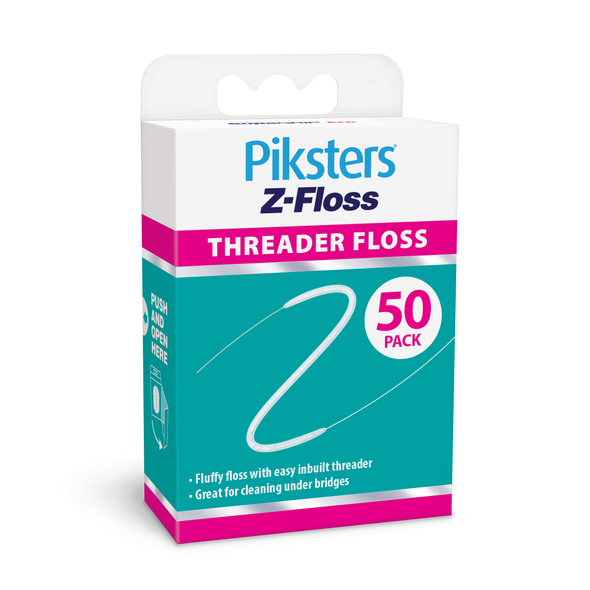 Piksters Z-Floss Bridge & Implant Threader Floss, Pre-Cut Threading Floss for Bridges, Implants, Braces & Wide Spaces, Built-In Rigid Threader with Extra Fluffy Cleaning Section, 50 Pre-Loaded Strands
