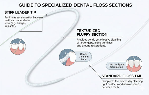 Piksters Z-Floss Bridge & Implant Threader Floss, Pre-Cut Threading Floss for Bridges, Implants, Braces & Wide Spaces, Built-In Rigid Threader with Extra Fluffy Cleaning Section, 50 Pre-Loaded Strands - infographic of sections of floss and its features