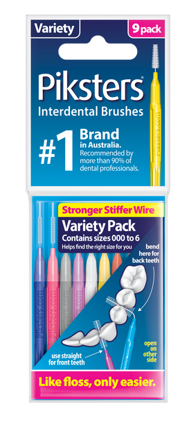 Piksters Variety Pack Interdental Brushes displayed in assorted sizes, featuring durable flexible wire and soft bristles, designed for effective cleaning between teeth, braces, implants, and dental appliances for comprehensive oral hygiene care. View of package.