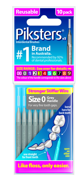 Piksters Silver Size 0 Interdental Brushes 10 pack featuring ultra-thin, durable coated wire and soft bristles designed for gentle, effective cleaning of narrow spaces between teeth, braces, implants, and dental appliances to promote gum health. View of package
