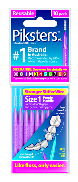Piksters Purple Size 1 Interdental Brushes 10 pack showing medium-sized brushes with flexible wire and soft purple bristles, designed for effective cleaning between teeth, braces, implants, and dental appliances to promote healthy gums and plaque removal. View of the package.
