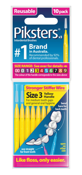 Interdental brushes in yellow with size 3 bristles, arranged in a 10-pack, designed for cleaning between medium-sized teeth gaps, braces, and dental appliances. View of the package