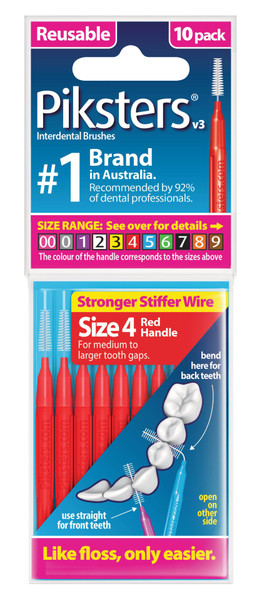 Piksters Red Size 4 interdental brushes are sold in a 10-pack, featuring large, flexible bristles designed to clean wider gaps between teeth, braces, bridges, and implants to promote gum health and remove plaque effectively. View of the package.