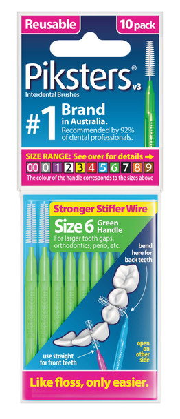 Photo of a Piksters Green Size 6 interdental brush 10-pack, displaying several green-handled brushes with bristled tips, neatly arranged in a clear plastic case with product branding visible. View of the package.