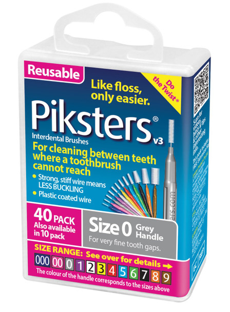 Piksters Silver Size 0  Xfine Interdental Brushes – 40 Pack | Ultra-Fine Antibacterial Bristles for Tight Spaces, Braces, Implants & Bridges | Professional Dental Plaque Remover | Flexible, Durable, Easy-Grip Handle view of box of Piksters