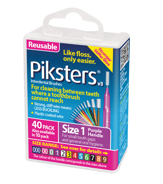 Piksters Purple Size 1 Fine Interdental Brushes – 40 pack showing ultra-thin soft bristles attached to slim flexible wire and ergonomic handles, designed for precise cleaning of extra-narrow spaces between teeth, braces, and dental appliances. View of the package viewed from an angle