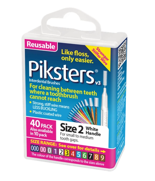 Piksters White Size 2 Interdental Brushes, 40-pack, fine 0.6mm dental brushes with ergonomic handles, displayed in original packaging for effective plaque removal and oral care. View of the package