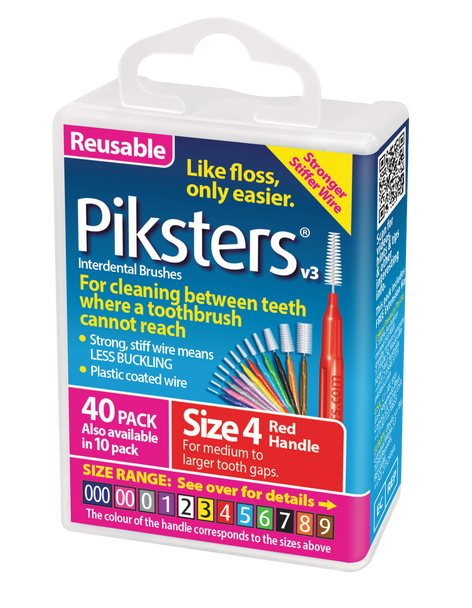 Photo of a Piksters Red Size 4 Interdental Brushes 40 Pack, showing multiple red-handled interdental brushes arranged neatly in front of the resealable packaging, highlighting the medium-sized brush heads and ergonomic handles designed for cleaning between teeth.