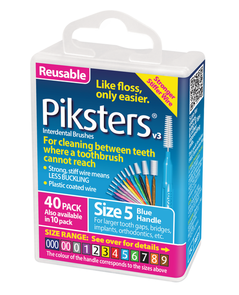 Photo of a Piksters Blue Size 5 interdental brush 40-pack, showing individual blue-handled brushes with bristled tips, neatly arranged in a transparent plastic case with product branding visible.