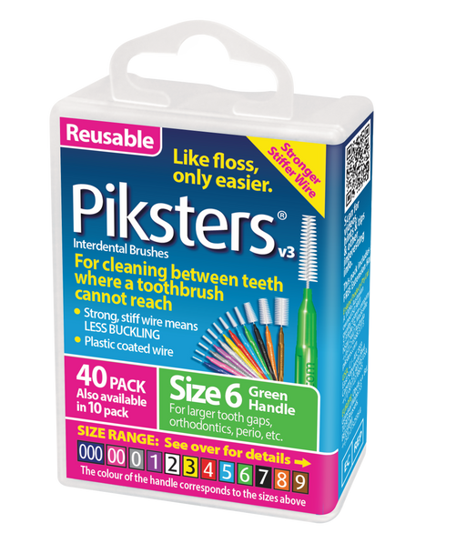 Piksters Green Size 6 Interdental Brushes, 40 Pack, showing green-handled brushes with medium- to large-sized brush heads, arranged next to resealable packaging, designed for cleaning larger gaps between teeth, braces, and implants.