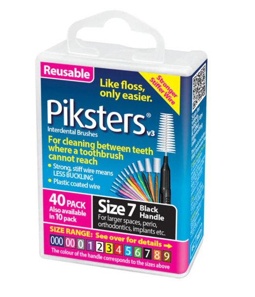 Piksters Black Size 7 Extra-Large Interdental Brushes - 40 Pack | Professional-Grade Plaque Removal | Reusable & Durable | Wide Spaces & Dental Work | Fresher Breath & Gum Health | Australia's #1 Interdental Brush | Dentist Recommended view of piksters package