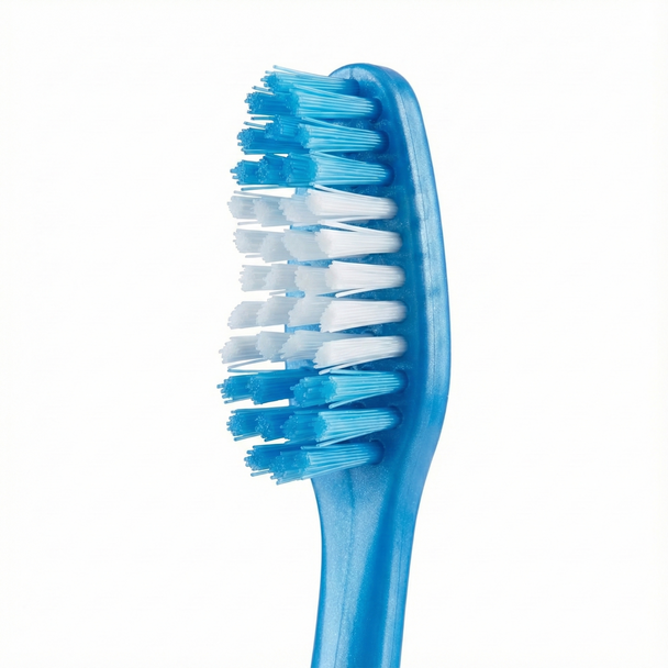 Colgate Wave Compact Head Soft Toothbrush, Soft Bristles Manual Toothbrush for Gentle Plaque Removal, Curved Compact Head for Hard-to-Reach Areas zoomed view of the toothbrush head and bristles