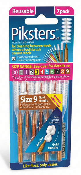 Piksters Gold Size 9 Interdental Brushes, 7 Pack, showing gold-handled brushes with extra-extra-large brush heads, arranged next to compact resealable packaging, designed for cleaning the widest gaps between teeth, implants, braces, and bridges.