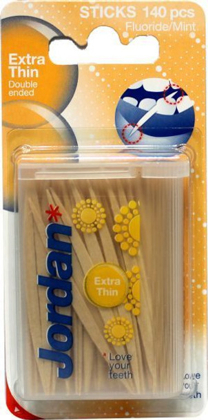 Jordan Dental Wooden Sticks - Mint Flavored - Extra Thin Size - 140 Count - Made in Norway from Birch Wood Triangular Shaped Interdental Cleaners for Tight Spaces - Double-Ended Design for Effective Plaque Removal and Fresh Breath view of package