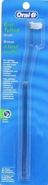 Oral-B End-Tufted Precision Dental Brush - Professional-Grade Manual Toothbrush for Hard-to-Reach Areas, Ideal for Crowns, Bridgework, and Crowded Teeth - Specialized Oral Care Tool for Thorough Cleaning and Plaque Removal view of package and end-tufted toothbrush