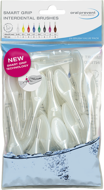 Oral Prevent Soft Smart Grip Interdental Brushes, 0.45 mm White, Gentle Cleaning for Medium Interdental Spaces, Orthodontics & Bridges, Ergonomic Non-Slip Handle, 24-Count Bulk Pack - Made in Germany