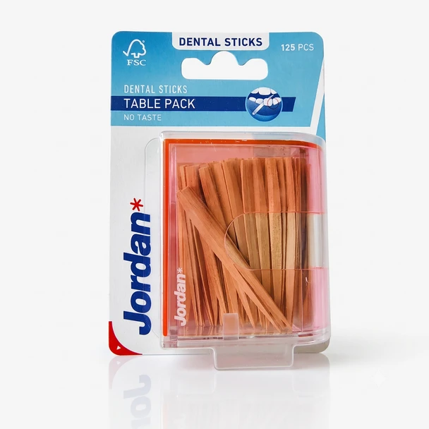 Jordan Dental Wooden Sticks Table Pack - 125 Unflavored Sticks - Regular Size in Plastic Container - Made in Norway. View of the container in the packaging