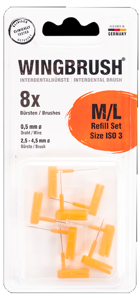 Wingbrush 2.0 ISO-3 Medium/Large Interdental Brush Refill Set - 8 Brushes - New Improved Version 2