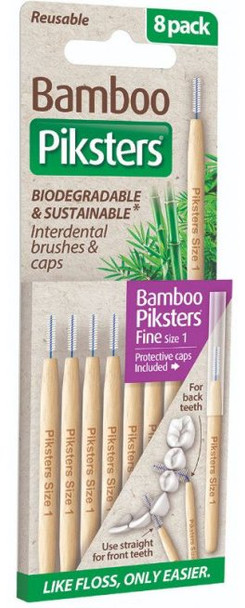 Piksters Purple Size 1 Fine Bamboo Interdental Brushes – 8-pack showing eco-friendly bamboo handles with soft fine bristles designed for effective plaque removal in medium interdental spaces, braces, and implants, featuring flexible wire for gentle gum care. View of package