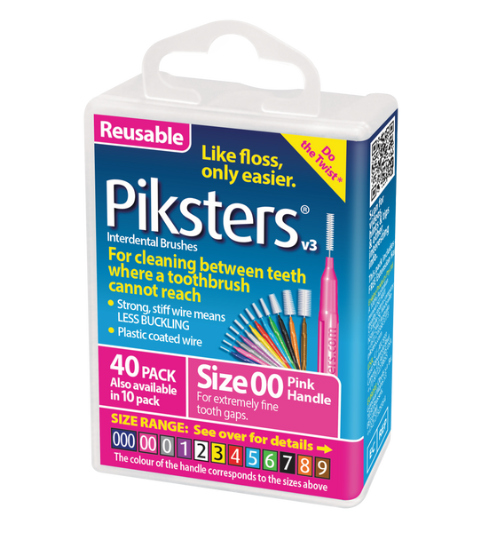 Piksters Pink Size 00 XXFine Interdental Brushes – 40 pack showing ultra-thin soft bristles attached to slim flexible wire and ergonomic handles, designed for precise cleaning of extra-narrow spaces between teeth, braces, and dental appliances. View of the package viewed from an angle