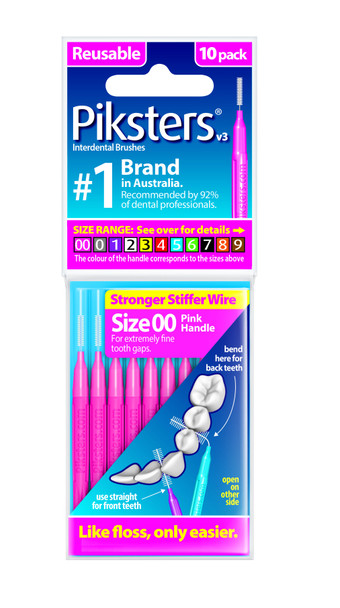 Piksters Pink Size 00 ultra-fine interdental brushes in a 10-pack, featuring extra small flexible bristles designed for cleaning very tight spaces between teeth, braces, and implants to remove plaque and promote gum health. View of package.
