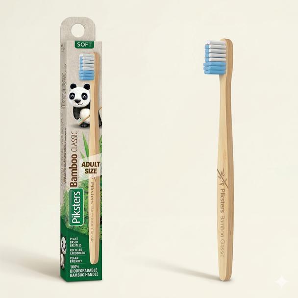 Piksters Bamboo Classic Soft Toothbrush – Eco-Friendly Biodegradable Bamboo Handle, view of toothbrush and package next to each other