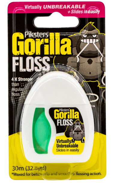 Piksters Gorilla Floss Easy Slide Strong Floss spool showing durable, shred-resistant dental floss with smooth glide technology in a compact container, designed for effective plaque removal and comfortable flossing in tight spaces and sensitive gums. Piksters Gorilla Floss Easy Slide Strong Floss view of floss and package