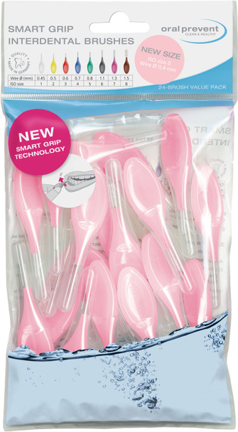 Oral Prevent Soft Smart Grip Interdental Brushes, 0.4 mm Ultra-Fine Pink Brushes, Gentle Plaque Removal for Tight Spaces, Orthodontics & Bridges, Ergonomic Non-Slip Handle, 24-Count Bulk Pack - Made in Germany